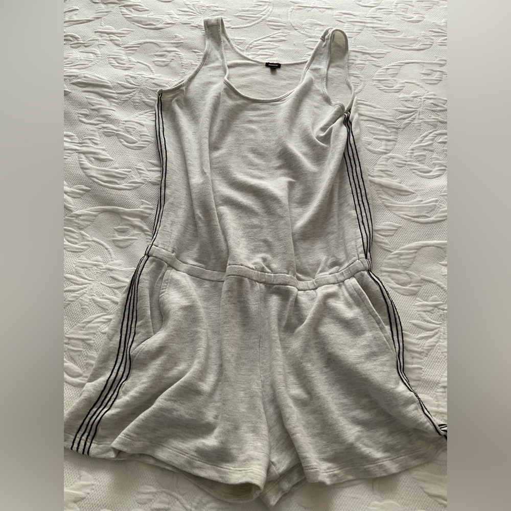 Monrow Gray Sleeveless Romper with Black Stripes XS